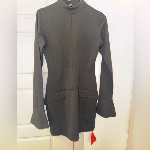 LONG SLEEVE HIGH NECK TAILORED MINI BODYCON DRESS IN BLACK WOVEN - Picture 7 of 7